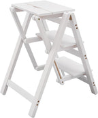 Folding Step Stool for Adults, 3 Tier Step Ladder Portable Counter Chair Wooden Trapezoidal Shelf with Convenient Handle for Home Office Garage Library