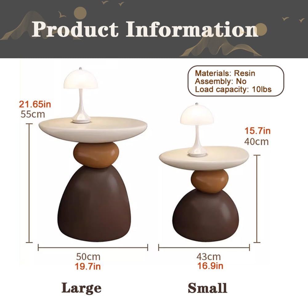 Decorative Stone Shape Side Table, Fiberglass End Table Nightstand, Round Accent Table for Bedroom, Living Room, Entryway, Decorative Living Room Table(Brown,Large)