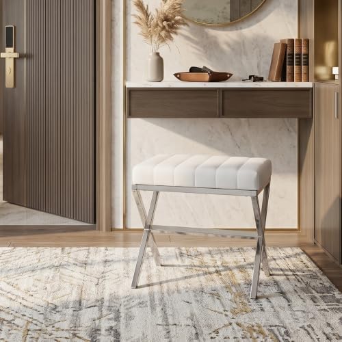 DUHOME Vanity Stool,Modern PU Leather Ottoman Stool Chair for Vanity Bench with Metal X Legs, Rectangle Makeup Stools Padded Foot Rest Ottoman for Makeup Room, Living Room, Bathroom,White
