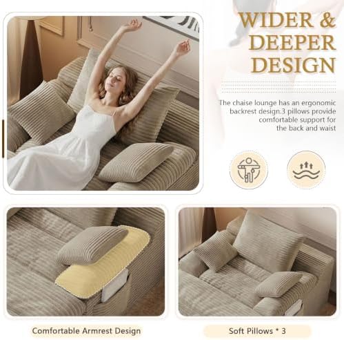 65" Oversized Chaise Lounge Chair Indoor, Chaise Lounge Chair Double Layer Side Pockets 3 Pillows, Cloud Corduroy Chaise Sofa Bed Sleeper Couches for Living Room No Assembly Require,Camel