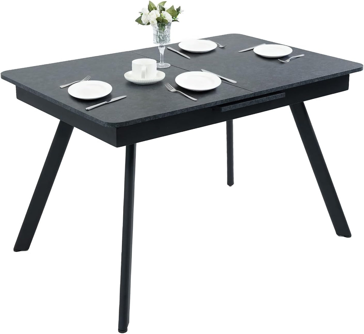 Extendable Dining Table 47-59 Inch - Space-Saving Slide-Out Design, Black Lava MDF Top for 4-8 People, Perfect for Dining Room, Apartment & Home Office