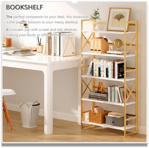 4NM 5 Tiers No Assembly Book Shelves, 51.2" H Folding Bookshelf Bookcase Open Industrial Foldable Shelves for Bedroom, Living Room, Home Office - White Gold
