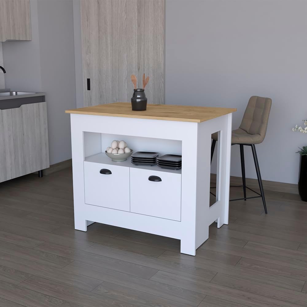 Kitchen Island Geneva, White/Macadamia with Spacious Workspace and Ample | 40.5" x 27.5" Macadamia countertop with ample storage and engineered wood frame
