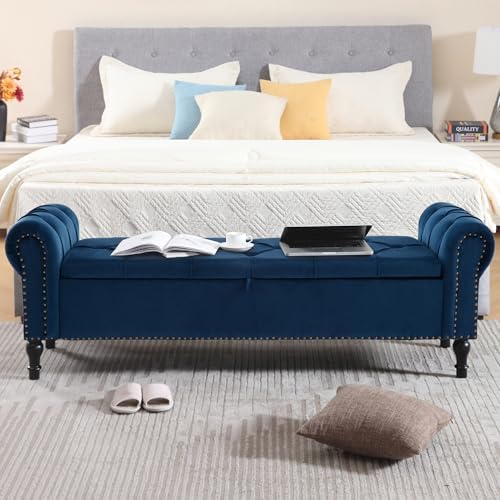Velvet Storage Bench 67 Inch Upholstered Tufted Ottoman Bench with Arms Large Storage Space King Size End of Bed Bench for Bedroom Living Room Entryway Navy Blue