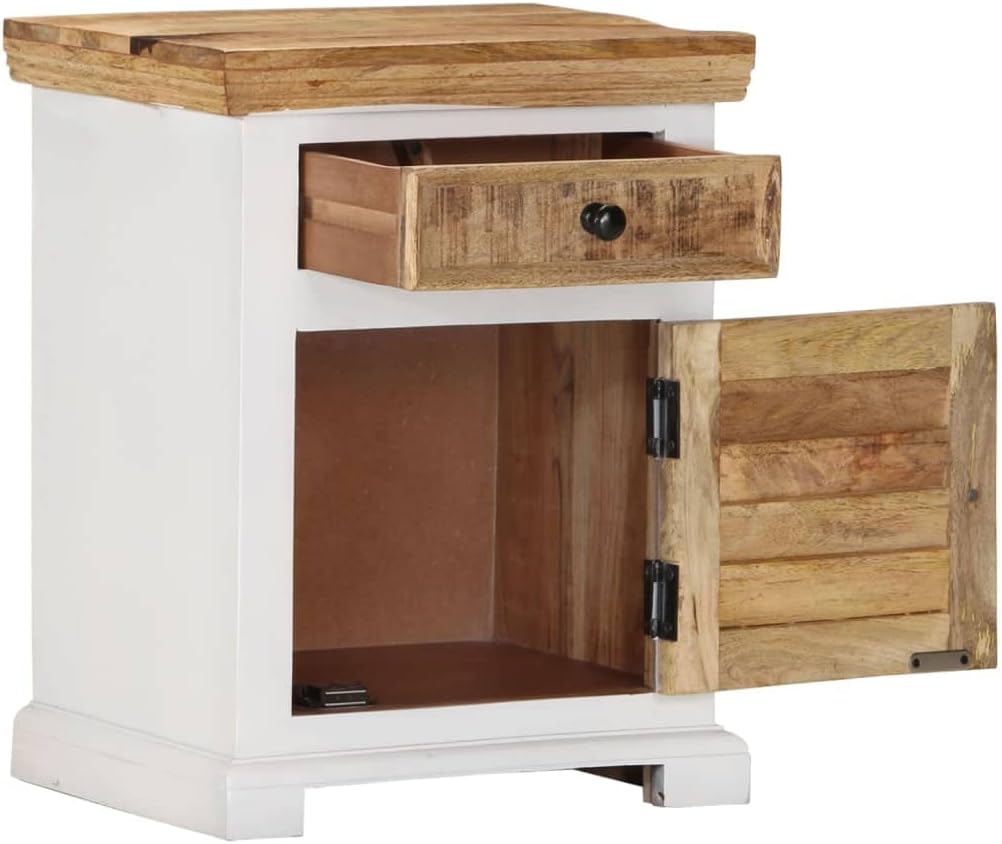 Solid Rough Mango Wood Nightstand with 1 Drawer and 1 Door, White and Brown Side Table for Living Room, 15.7"x11.8"x19.6"