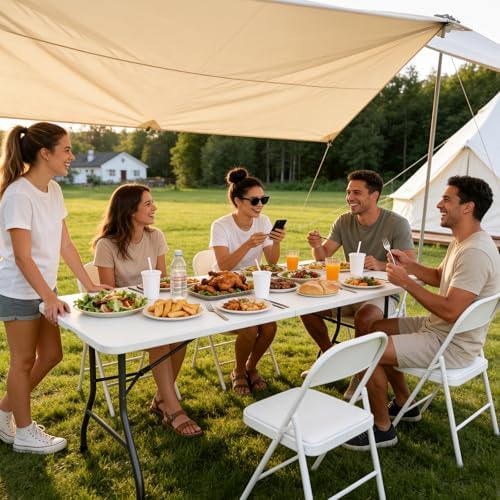 Folding Dining Table Set for 6, 6FT Foldable Plastic Table with Carrying Handle & 6 PU Leather Padded Folding Chairs, Portable Table and Chairs Set for Indoor Outdoor, Party, Wedding, Picnic, Camping