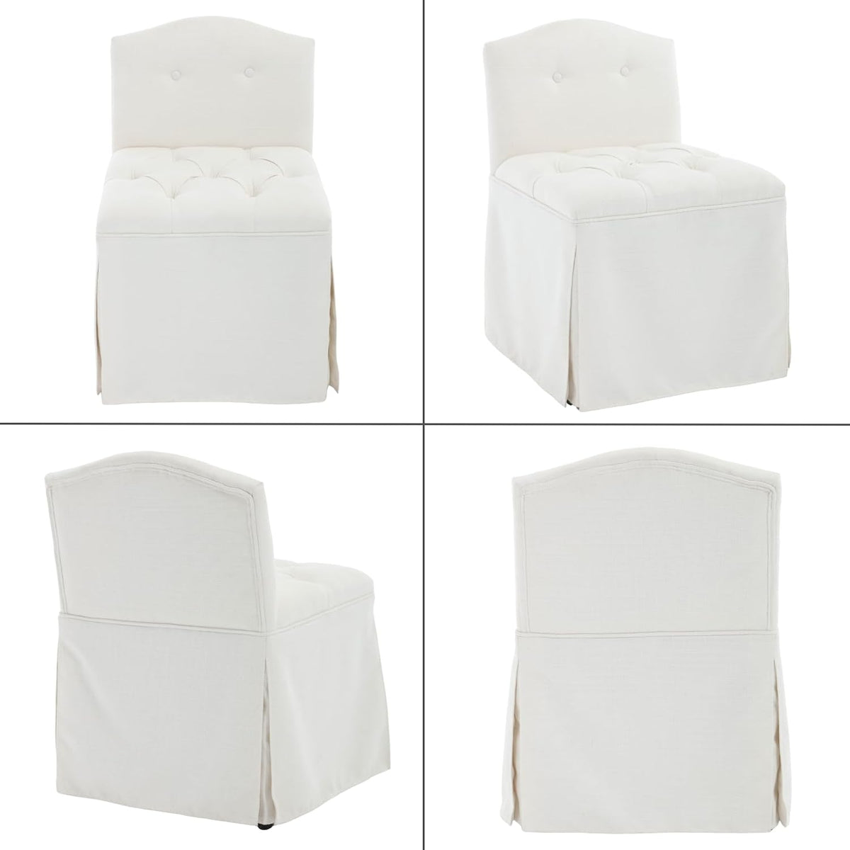 White Tufted Makeup Vanity Chair with Wheels, Small Upholstered Skirted Slipper Accent Chair with Low Back & Metal Legs, Armless Rolling Vanity Stool Desk Chair for Living Room Bedroom