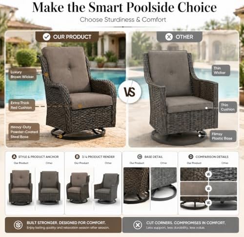 HUMMUH Outdoor Swivel Rocker Wicker Patio Chairs Set of 2, Rattan Rocking Chair Furniture Set(Brown,Grey)