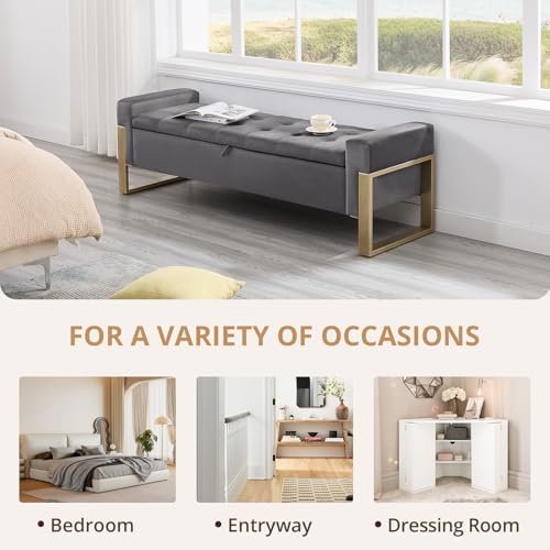 End of Bed Storage Bench, 67'' Benches for Bedroom Foot of Bed King Size, Upholstered Velvet Tufted Storage Ottoman Bench with Gold Legs for Window Living Room Entryway, Grey