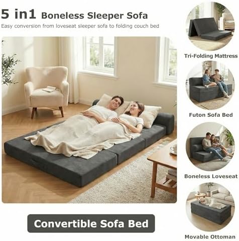 5-in-1 Convertible Sofa Bed, Loveseat, Tri-fold Futon Sofa Bed with Removable Cushions & Washable Cover, Pull Out Couch with Handle, for Small Spaces, Queen Size, Grey