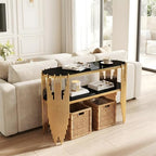 Luxury Gold Console Table with 2-Tier Black Tempered Glass Shelves, 47" Modern Oval Entryway Table with Polished Stainless Steel Frame for Hallway & Living Room & Behind Couch