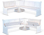 Pemberly Row 75" x 56" Farmhouse Wood Breakfast Nook Set with Table, Storage, Reversable Benche, L-Shaped Corner Bench, for Dining Room, in Marble White Finish