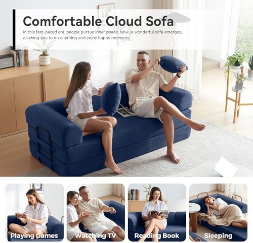 79" Convertible Sofa Bed, Couch for Small Living Room | Corduroy Loveseat Sleeper Sofa, Modular Futon Couch with 2 pillow, Pull Out Couch No Assembly (Navy Blue)