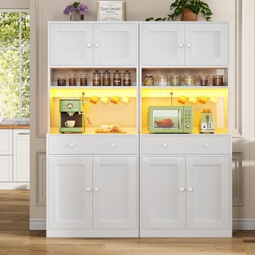 71" Tall Kitchen Pantry Cabinet with Microwave Countertop, LED Lights White | 29.5" W Wood Kitchen Hutch with Drawer, 4 Doors, Charging Station and Adjustable Shelf for Dining Room and Living Room