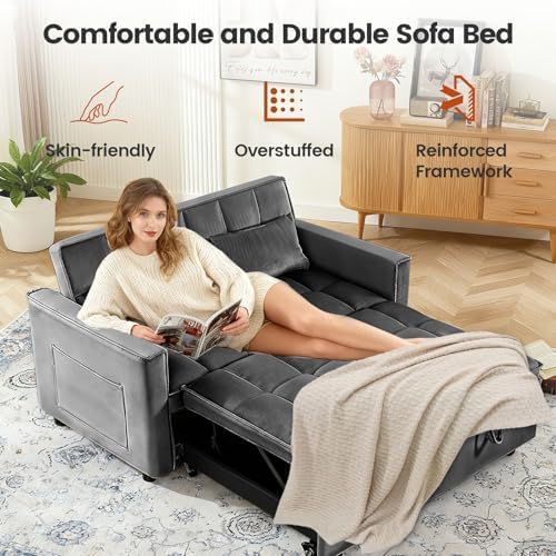 54" Convertible Sofa Bed with Adjustable Backrest, Dark Gray | Soft Velvet Sleeper Loveseat with Pull out Bed, Adjustable Backrest, Side Pockets, Ideal for Apartments and Guest Rooms