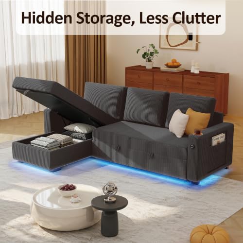 Ball & Cast 80" Sectional Sleeper Sofa Bed Pull Out Couches for Living Room | L Shaped Convertible Pull Out Sofa Bed with Storage Chaise, LED Lights, Foldable Table, USB Ports, Cup Holder and Side Pocket