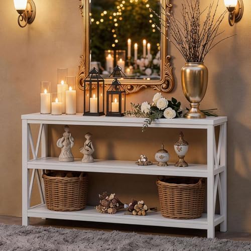 FATORRI Console Table for Entryway, Long Sofa Table with 3 Tier Shelves, Modern White Hallway Tables for Living Room (55 Inch, White Oak)