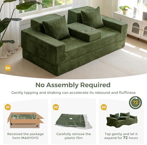 MAXYOYO Convertible Sofa Bed, 80" Oversized Loveseat Couch 4 in 1 Foldable Floor Sofa Couch in A Box with 2 Cup Holders, Folding Chair for Living Room, No Assembly Required, Green | Corded Green 4-in-1 Couch Converts Into a Floor Sofa