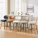 Swivel Bar Stools Set of 3, 26" Counter Height, Brown | Walnut Wood Legs, Upholstered Seat, Supportive Backrest, Easy-Clean Faux Leather, Mid-Century Modern, 4-Inch Cushion