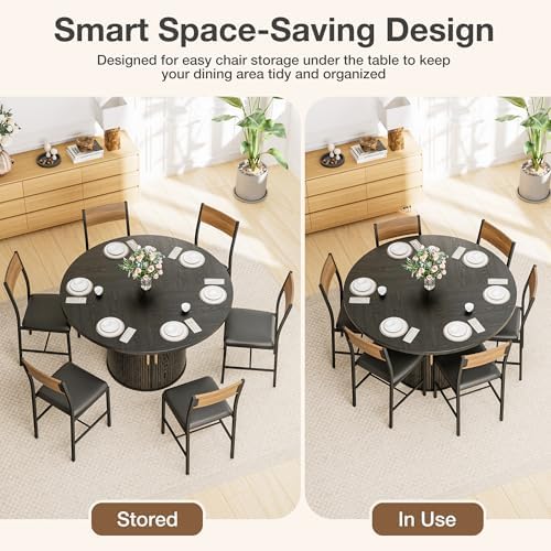 Pamapic Dining Table Set for 6, 47" Round Dining Table with Chairs, Storage Shelf, Space-Saving Tambour Design, Gold Handles, Wood Grain, Kitchen Table and Chairs for Dining Room & Living Room, Black