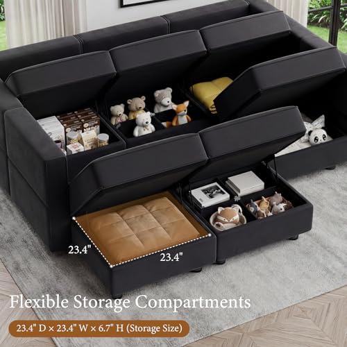 Vesgantti 92" 9 Seats Modular Sectional Sleeper Sofa with Storage, Black | FSC-certified hardwood frame, Pet-friendly velvet upholstery, Adjustable backrests and armrests, Two leg height options