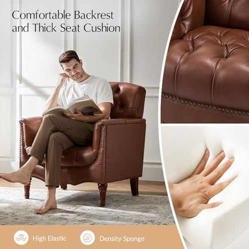 HULALA HOME Mid Century Modern Genuine Leather Accent Chair Set of 2, Brown | Button Tufted Leather Armchair, Upholstered Club Chair with Nailhead Trim, Solid Wood Legs, for Living Room Bedroom