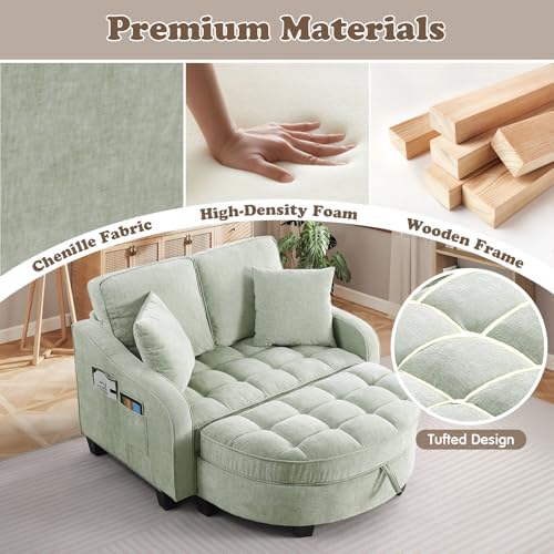 Oversized Chaise Lounge Chair Indoor with Adjustable Backrest, Chenille Tufted Comfy Loveseat Sofa Chair with Ottoman, Fluffy Recliner Sofa, Convertible Sleeper Couch Bed for Living Room(51"W, Cyan)