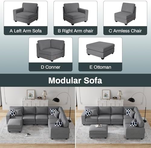 Legend Vansen Oversized Modular Sectional Sofa,U/L‑Shaped Reversible Couch with Ottoman,Deep Seat Plush Polyester Sofa for Living Room,7‑Seater,Dark Grey