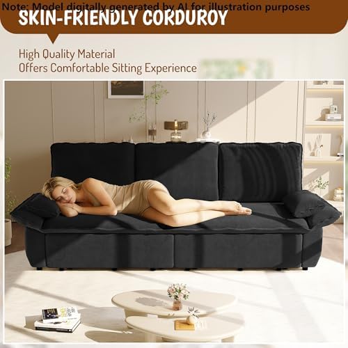 94.5" Pull Out Couch King Size, Futon Sofa Bed, 3-in-1 Convertible Sleeper Sofa Bed with Cushion Armrest, Modern Corduroy Loveseat Couches for Living Room, Small Space, Apartment, Black