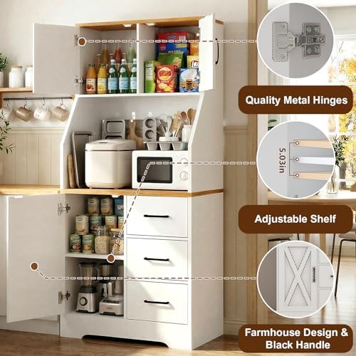 DreamDashio Pantry Cabinet with Adjustable Shelves and 3 Drawers, Tall Kitchen Pantry Storage Cabinet with LED Light & Charging Station, Kitchen Hutch with Microwave Shelf & 6 Hooks for Dining Room