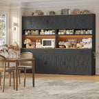 HOSTACK 75" Tall Kitchen Pantry Storage Cabinet, 45" W Hutch Cabinet, Black | Farmhouse Pantry Cabinet with Charging Station / LED Lights / Countertop, Wood Kitchen Hutch with 2 Drawers for Dining Room