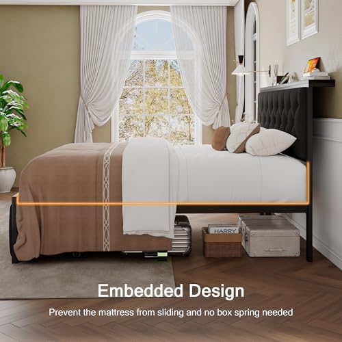 Einhomn Full Size Bed Frame with 2 Storage Drawers, Metal Platform Bed with Charging Station, Upholstered Linen Button Tufted Storage Headboard, No Box Spring Needed, Easy Assembly, Noise Free, Black