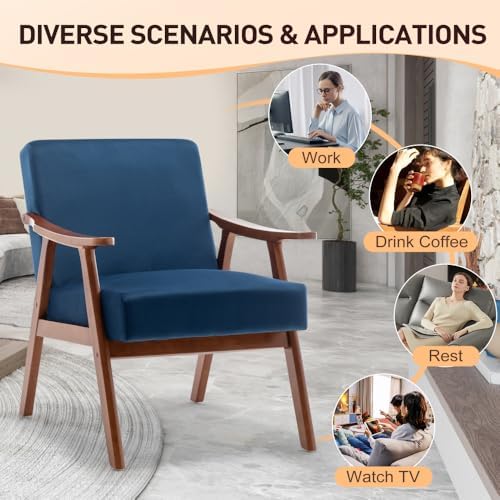Lispin Mid-Century Modern Chair, Living Room Chair with Solid Wood Frame, Accent Chair Extra-Thick Backrest, Wingback Chair for Bedroom, Reading Room, Living Room (Blue + Velvet + Foam)