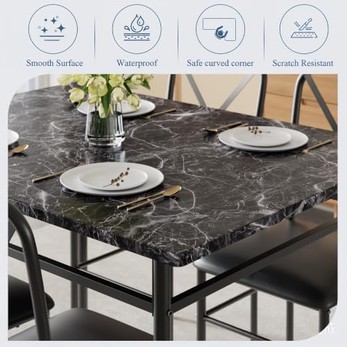 VECELO 5-Piece Dining Table Set for 4 with Upholstered Chairs, Pure Black | Faux Marble Tabletop, Space-Saving, for Kitchen, Breakfast Nook