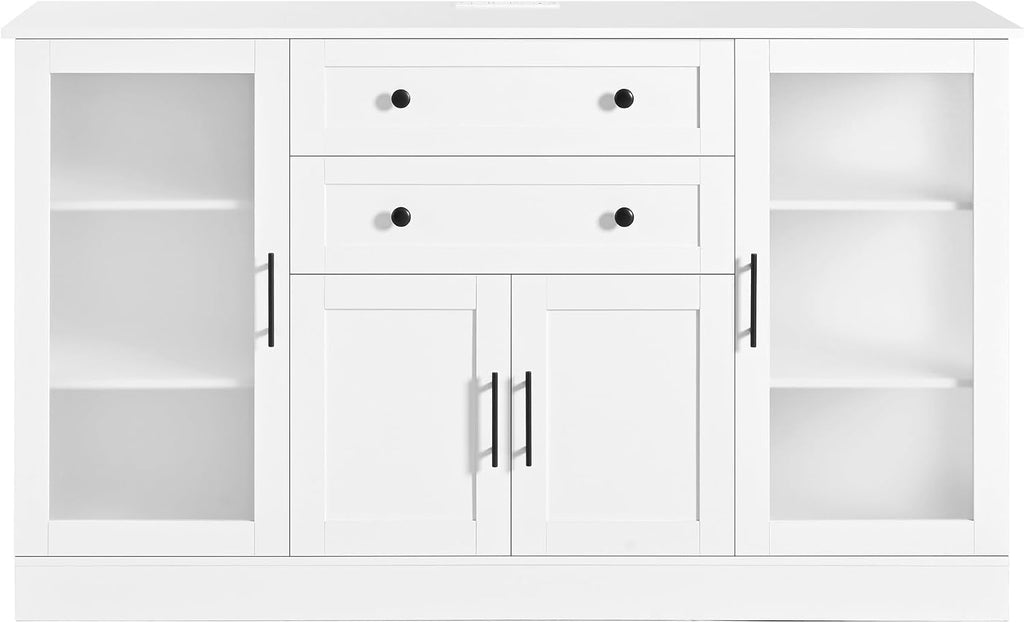 58.3" Modern Buffet Sideboard with 4 Doors & 2 Drawers, Modern Buffet Cabinet with Storage Adjustable Shelves, Power Outlet, Acrylic Panels, Storage for Dining Room, Living Room and Kitchen (White)