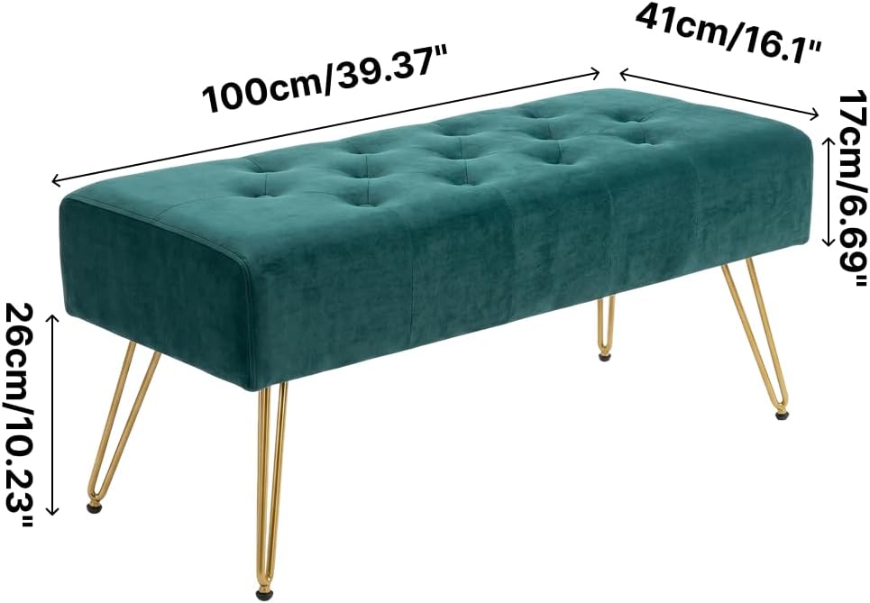 Velvet Button-Tufted Entryway Bench, 39.37" Modern Upholstered Bedroom Bench with Gold Metal Legs, Padded Rectangular End of Bed Bench for Living Room, Dining Room (Blackish Green)