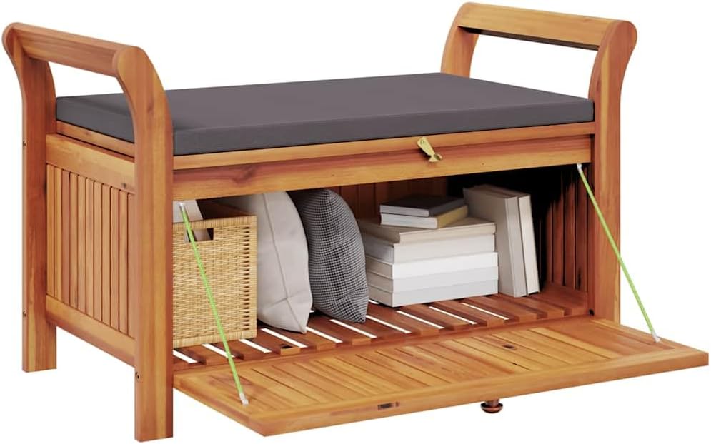 Garden Storage Bench with Cushion, Solid Acacia Wood Outdoor Storage Bench, Comfortable Seating and Ample for Garden Tools