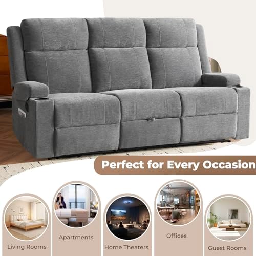 Chenille Reclining Sofa 3-Seater with Convertible Table, Storage Ottoman & Cup Holders | Modern Space-Saving Couch, Ergonomic Living Room Furniture (Gray)