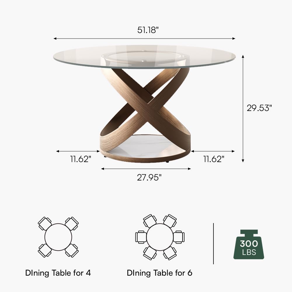 POVISON 51" Modern Round Dining Table, Glass Round Kitchen Table for 4, Tempered Glass Dining Room Table top with Bronze X Carbon Steel Base (Dining Table Only)