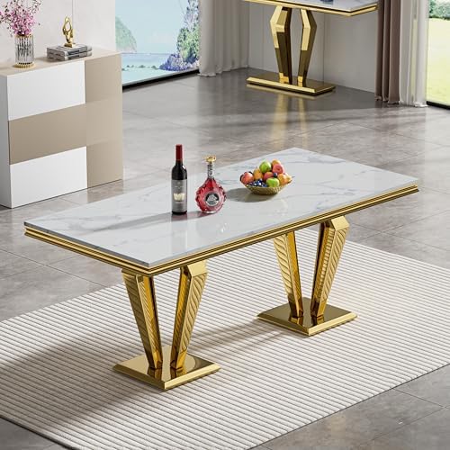 Henf White Gold Faux Marble Dining Table Set for 6, Modern 7-Piece Dining Table Set with 6 Upholstered Chairs, 68" Large Long Marble Kitchen Dining Room Table and Chairs with Stainless Steel Base