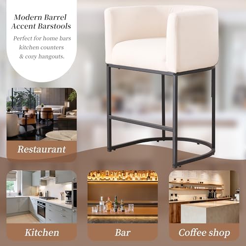 26" Counter Height Bar Stools Set of 4, Black Frame, Linen | Linen Upholstery, Barrel Backrest, Built-In Armrests, Kitchen Island Use, Sturdy Metal Frame, Counter Height
