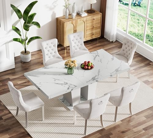 White Faux Marble Dining Room Table Set for 6, 7-Piece 63"-78.74" Extendable Dining Table Set with 6 Chairs, Rectangle Wooden Expanding Kitchen Table and Beige Upholstered Chairs Set
