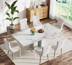 White Faux Marble Dining Room Table Set for 6, 7-Piece 63"-78.74" Extendable Dining Table Set with 6 Chairs, Rectangle Wooden Expanding Kitchen Table and Beige Upholstered Chairs Set