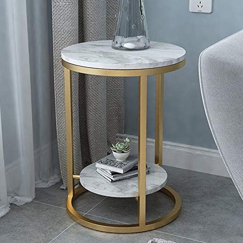 Telephone Table, 2 Layer White Marble Print Side Table,with Gold Metal Frame,Telephone Tables,Sofa Table Small Round Side Tables,Living Room Bedroom Tables (Gold+white-15.74 * 21.65in
