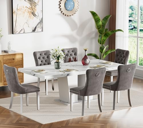 63"-78.74" White Faux Marble Extendable Dining Room Table Set for 6, 7-Piece Dining Table Set with 6 Chairs, Rectangle Wooden Expanding Kitchen Table and Grey Upholstered Chairs Set