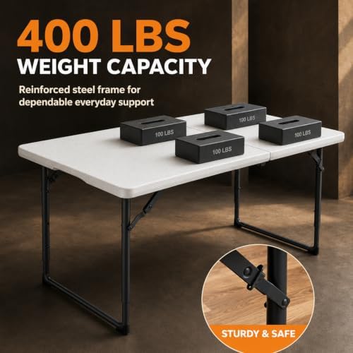 4FT Folding Table 3 Levels Adjustable Height, Heavy Duty Fold-in-Half Portable Table, 400 lbs Capacity Foldable Table for Party Dining Camping Events Picnic Outdoor Indoor Use