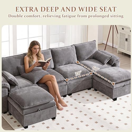 130" Modular Sectional Sofa with Storage, Premium Chenille Cloud Couch with Movable Ottomans, 1200lbs Heavy Duty Deep Seat Sectional, High-Density Foam (Light Gray, 4 Seater & 2 Ottoman)