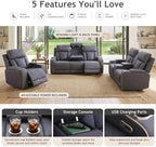 Power Reclining Sofa Set with USB Charging/LED, Blueish Grey Leather Recliner Couch with Cup Holders/Storage Console, 3 Pieces Home Theater Furniture for Living Room/Apartment/Office