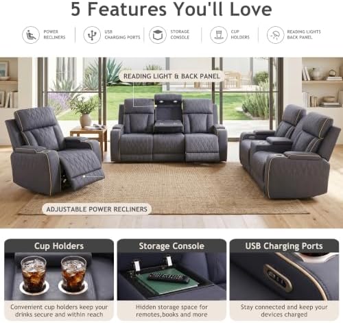 Power Reclining Sofa Set with USB Charging/LED, Blueish Grey Leather Recliner Couch with Cup Holders/Storage Console, 3 Pieces Home Theater Furniture for Living Room/Apartment/Office