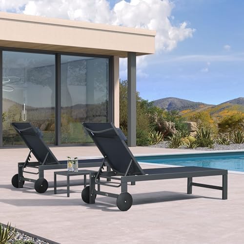 PURPLE LEAF Outdoor Chaise Lounge Set of 3 Pool Lounger Pillow, Navy Blue | Lightweight aluminum frame, Fade-resistant textilene fabric, Wheels for easy movement, 5 Adjustable positions, Easy assembly